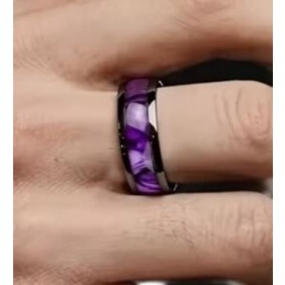 Tungsten Steel Carbide High Polished Purple Marble Inlay statement wedding Ring - Picture 4 of 5